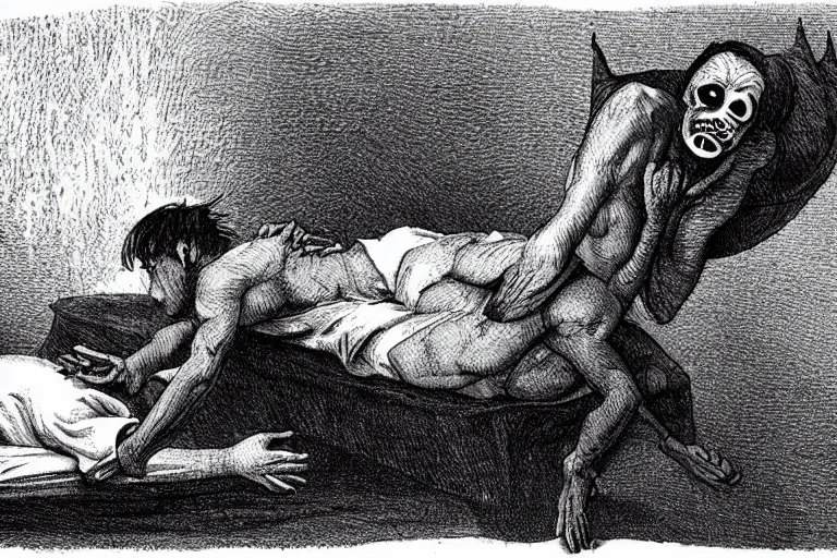 Prompt: sleep paralysis demon sitting on a sleeping man chest horror night bed