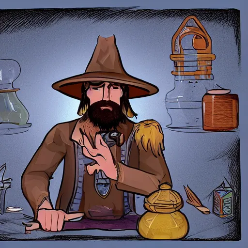 Image similar to man_mage Character art of a D&D wizard doing magic in his laboratory, with a blond beard and curly hair and a wide-brimmed straw hat, concept art, digital art