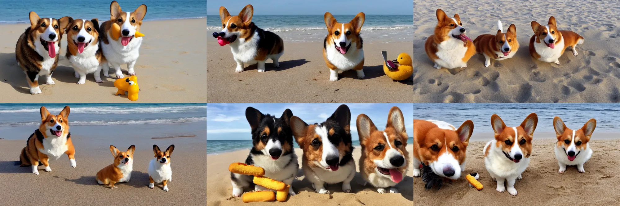 Prompt: a corgi and a duck eating a twinkie at the beach/