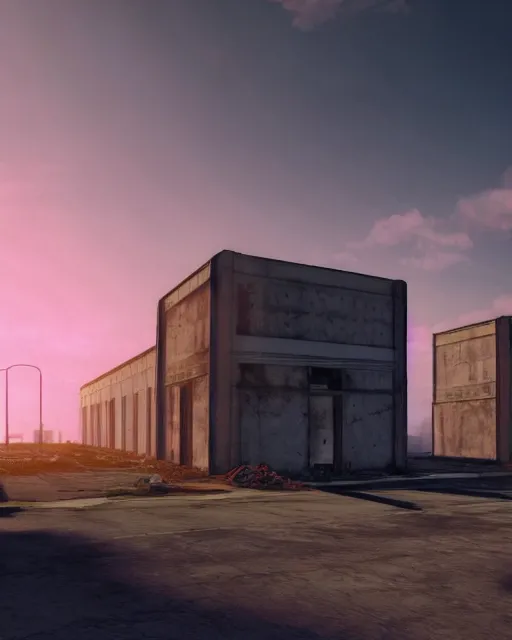 Image similar to a beautiful photorealistic render of store city urbex architecture unfinished building building by alejandro aravena, retro vaporwave sunlight fisheye alien thermal vision sunset at dawn, archdaily, wallpaper, highly detailed, trending on artstation.