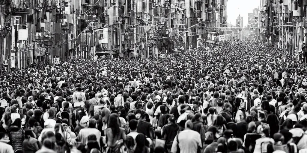 Image similar to Humanity encounters another intelligent civilisation from another planet, people flock to the streets to witness, black and white, depth of field