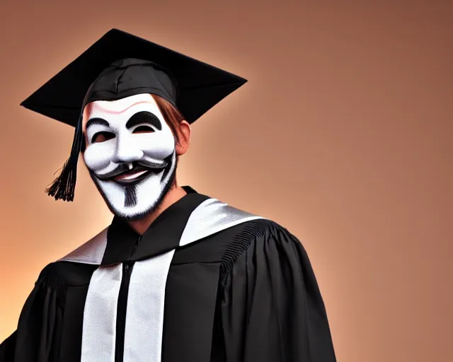 Image similar to man wearing guy fawkes mask accepts award, university graduation pose, photo, cinematic lighting