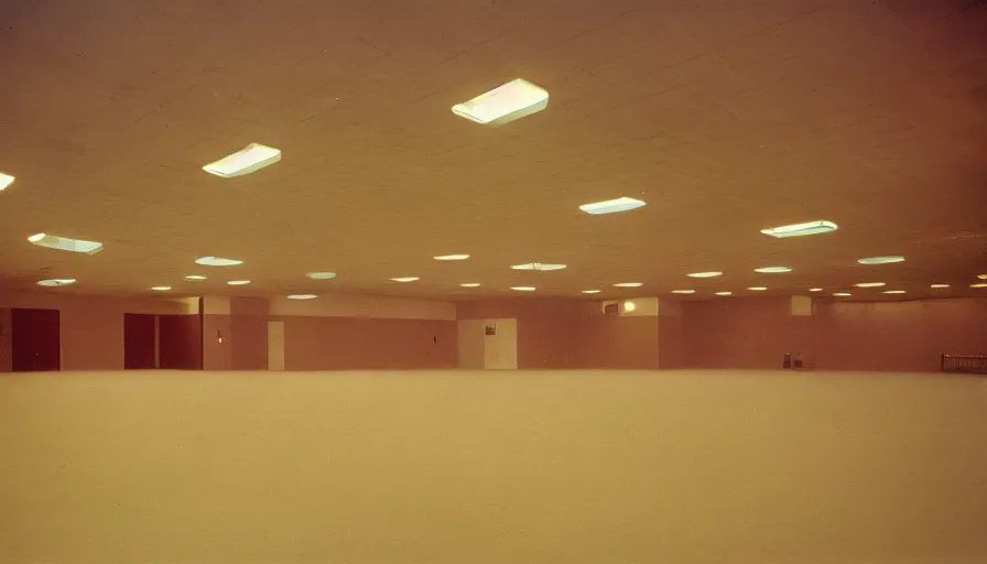 Image similar to 70s movie still of a ballroom with a high ceiling , cinestill 800t Technicolor, heavy grain, high quality, criterion collection, liminal space style