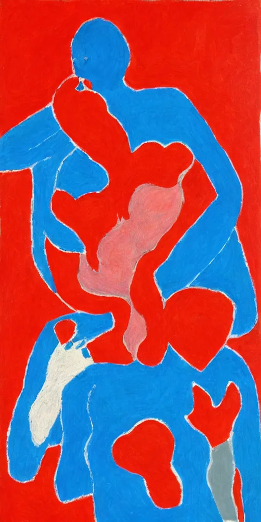 Prompt: portrait of someone who has chest pains, they are coughing, clogged, they have fear, pain, burning, in the style of Matisse and a red and cerulean blue theme