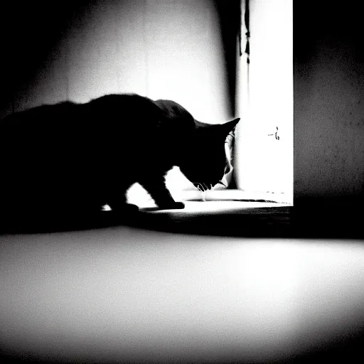 Image similar to depiction of the feeling of hopelessness, worthlessness, loneliness, of a cat, sad, frightening, depressing, miserable, stunning, intelligent, stark, vivid, sharp, crisp, ultra ambient occlusion, reflective, universal shadowing, 3 5 mm, ( 2 0 8 6 ) scary horror film still, extremely atmospheric lighting.