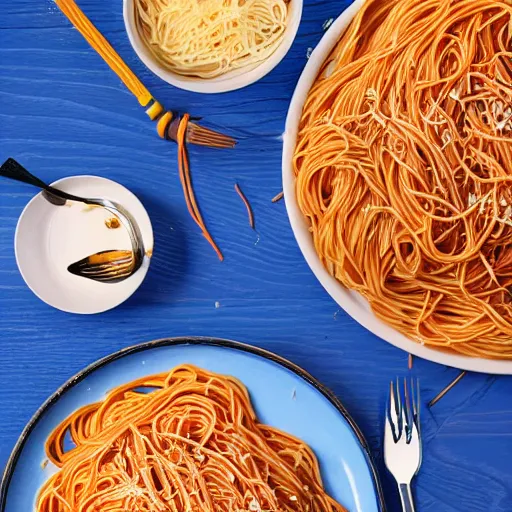 Image similar to highly detailed illustration of a plate of spaghetti on top of a blue and wooden table