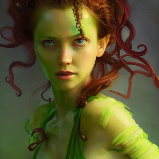 Image similar to A girl in a green dress, with tentacles coming out from underneath the dress, huggy wuggy from poppy playtime video game, fullbody, ultra high detailed, oil painting, Greg Rutkowski, Charlie Bowater, Yuumei, Yanjun Cheng, unreal 5, DAZ, hyperrealistic, octane render, RPG portrait, dynamic lighting, fantasy art, beautiful face