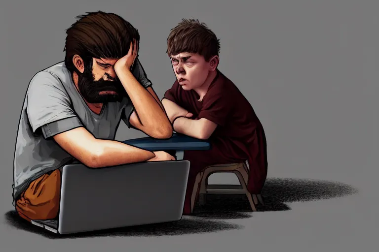 Prompt: angry hangover man sitting with laptop and sad crying kid staying near the man. high detail, trending on artstation