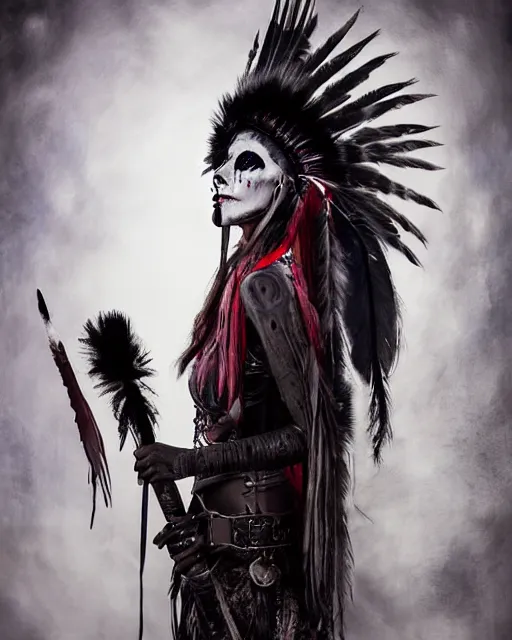 Image similar to lady native sisters ghost - spirit of the grim - warpaint wears the scarlet skull armor and native blood headdress feathers, midnight fog - mist!, dark oil painting colors, realism, cinematic lighting, various refining methods, micro macro autofocus, ultra definition, award winning photo, photograph by ghostwave - gammell - giger - shadowlord