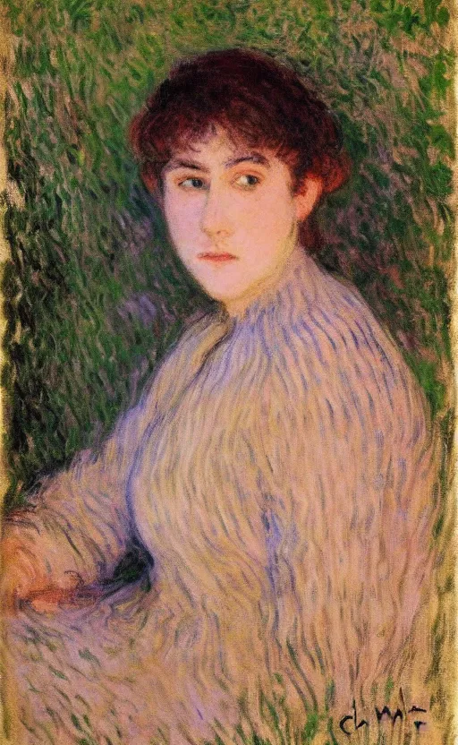 Image similar to portrait by claude monet!! of a woman!! looking at us, brown short hair, slight blush on face! forest!!!