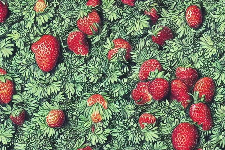 Prompt: strawberry fields forever. painting by ernst haeckel