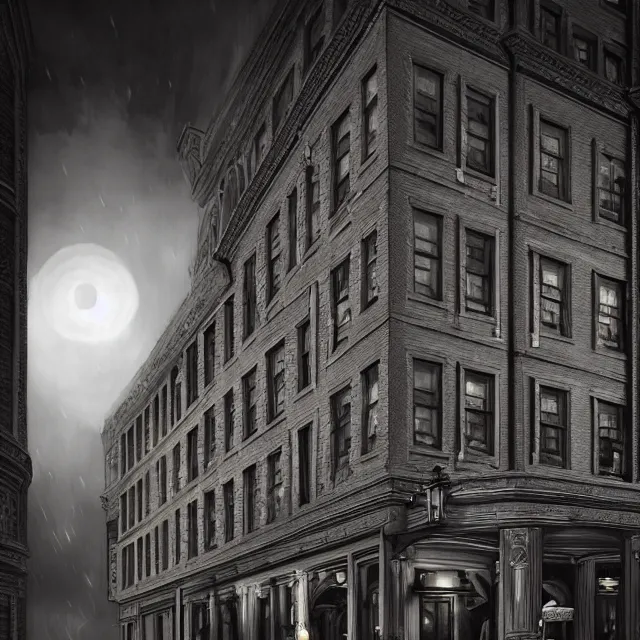 Image similar to photorealistic painting of a 1 9 2 0 s gothic style hotel in downtown boston, overlooking a dark street, architectural, atmospheric lighting, brooding, painted, intricate, ultra detailed, well composed, best on artstation, cgsociety, epic, horror, stunning, gorgeous, intricate detail, much wow, masterpiece, cinematic aesthetic octane render, 8 k hd resolution,