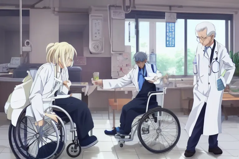 Image similar to a cute young female doctor wearing white coat are serving an old man in a wheelchair in a hospital ward, slice of life anime, cinematic, realistic, anime scenery by Makoto shinkai