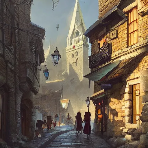 Image similar to a busy street within a fascinating old fantasy city, quirky shops, narrow streets, old buildings, old stone steps, street life, by Sylvain Sarrailh, cinematic, stunning composition, beautiful detailed digital painting, oil painting, dungeons and dragons, lord of the rings