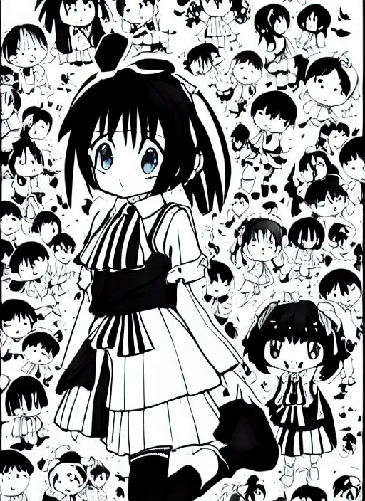 Prompt: manga style, black and white manga, multi - panel kawaii chibi manga, school girl kuudere, by gen urobuchi and yuyuko takemiya, japanese language, aharen - san