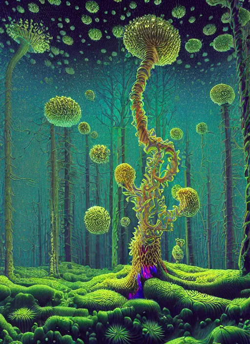 Prompt: hyper detailed 3d render like a Oil painting - polyp blossoms bring iridescent fungal flowers whose spores black the foolish stars in the middle of a dense black forest clearing, the night sky glows in a break above the trees, by Jacek Yerka, Mariusz Lewandowski, Houdini algorithmic generative render, Abstract brush strokes, Masterpiece, Edward Hopper and James Gilleard, Zdzislaw Beksinski, Mark Ryden, Wolfgang Lettl, hints of Yayoi Kasuma, octane render, 8k