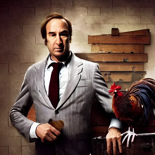 Image similar to saul goodman and a rooster in a saw movie torture chamber, saw movie jigsaw background, saul goodman, rooster, photo