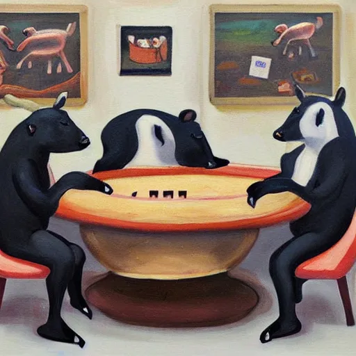 Image similar to A painting of tapirs playing poker.