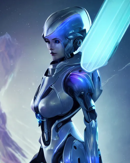 Image similar to perfect android girl on a mothership, warframe armor, beautiful face, scifi, futuristic, galaxy, nebula, raytracing, dreamy, long white hair, blue cyborg eyes, sharp focus, cinematic lighting, highly detailed, artstation, divine, by gauthier leblanc, kazuya takahashi, huifeng huang