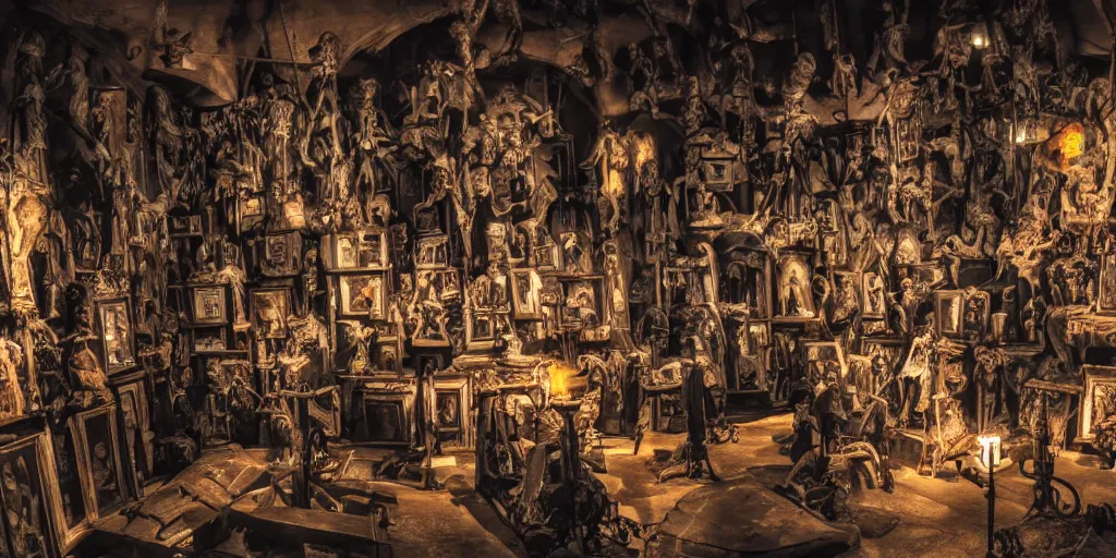 Image similar to a epic view of a macabre museum at night