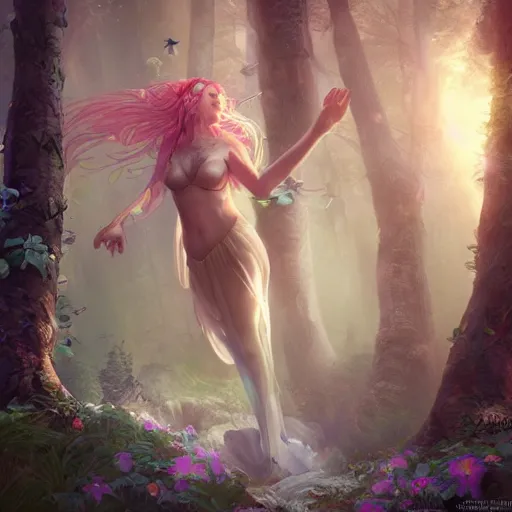 Image similar to a divine fairy druid forest goddess ascending into a new universe, in the style of wlop and vanessa lemen and charlie bowater, illustration, epic, fantasy, hyper detailed, unreal engine, ray tracing