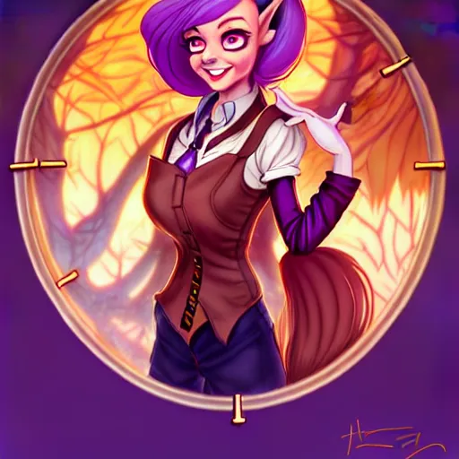 Image similar to don bluth, loish, artgerm, steampunk, clockpunk anthropomorphic fox girl, purple vest, smiling, symmetrical eyes symmetrical face, colorful animation forest background