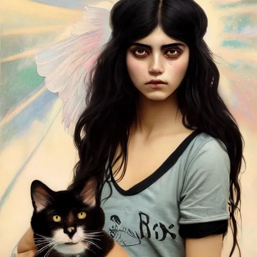 Prompt: emo mexican girl and her cat, with long dark hair, thick eyebrows!!! deep dark big shiny eyes and dark circles!, wide nose!, oval face shape, by juan villafuerte, greg rutkowski and alphonse mucha, pexels contest winner, high quality photo, rtx, hd