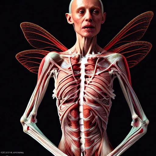 Image similar to female fairy with translucent skin, visible muscles and veins and arteries and bones and spine and nerves, beautiful detailed intricate insanely detailed octane render, 8K artistic photography, photorealistic, chiaroscuro, by David Cronenberg, Raphael, Caravaggio