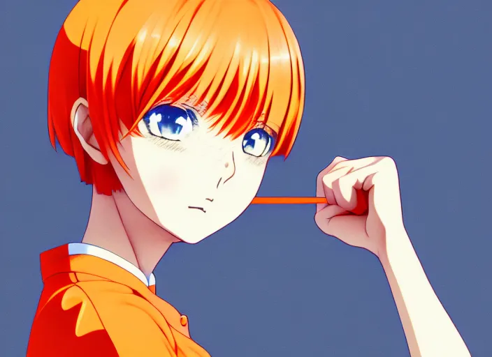 Image similar to anime girl with orange short hair in the Soviet pioneer form,omoide emanon, tsuruta kenji, murata range,kawaii, kyoto animation, manga,katsura masakazu, intricate, detailed, studio lighting, gradation,editorial illustration, matte print, Ilya Kuvshinov