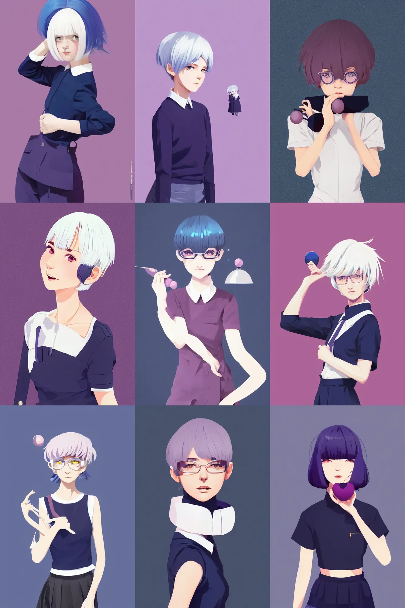 Prompt: a cute girl with cut to shoulder white hair wearing school uniform, mauve background, dark blue clothes double ball head, sharp focus, pure background color, illustration, morandi color scheme, art station, by ilya kuvshinov
