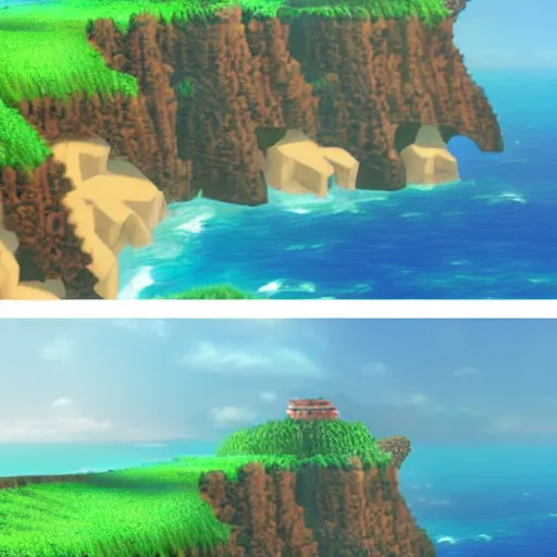 Image similar to hawaii cliffs and ocean as a legend of zelda landscape, beautiful, 3 d game art