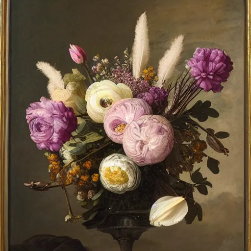 Image similar to still - life of bouquet of lilac and ranunculus with honeycomb bees and birds feathers, rachel ruysch, dark, moody