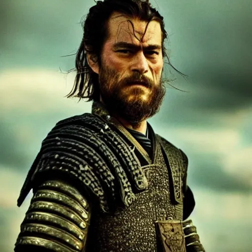 Image similar to handsome and strong kurdish!!!! samurai in a movie directed by christopher nolan, movie still frame, promotional image, imax 7 0 mm footage, perfect symmetrical facial features