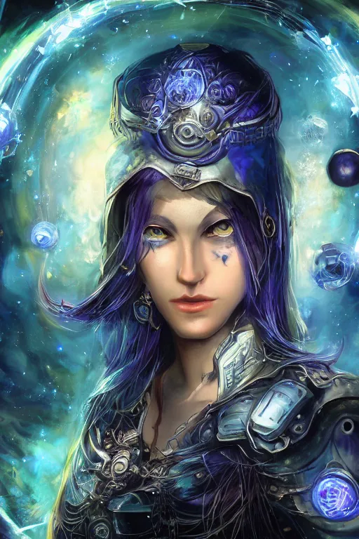 Prompt: Path of Exile, Maven, clear face, blue eyes, female image with silver purple hair among colourful lights, dark blue spheres fly around, Anachronism, painting, dark fantasy, steampunk, gothic, 4k, perfect quality,