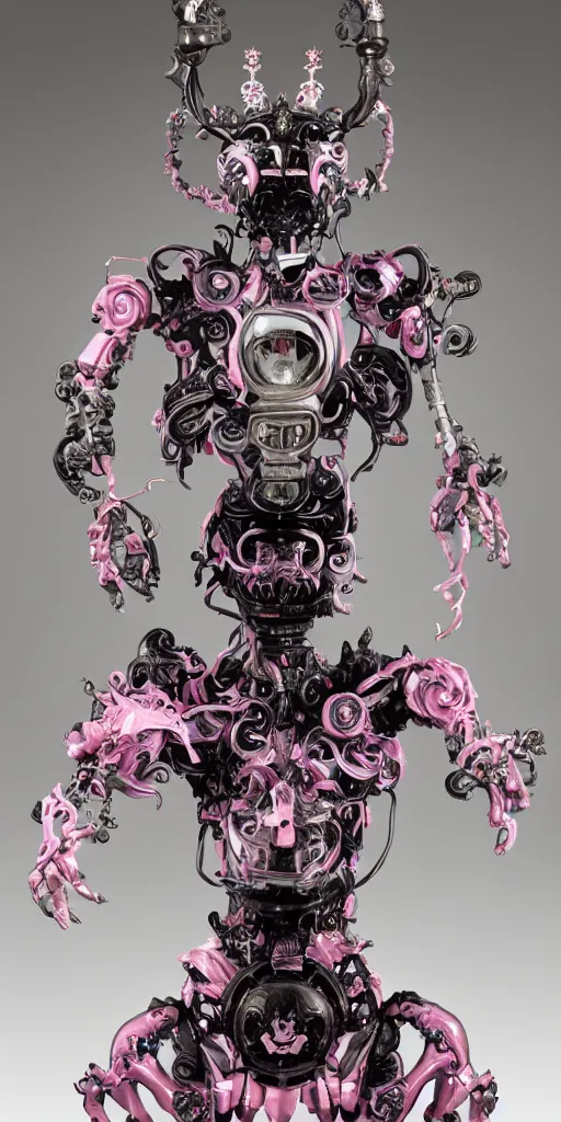 Image similar to full-body baroque and cyberpunk style porcelain sculpture of a young seductive Hispanic prince half android with a chest exposing a glowing gemstone battery, glowing pink seductive laser eyes, crown of blue gears and diamonds, swirling salmon-colored silk fabric, robotic raptors dinosaurs. baroque elements. full-length view. intricate artwork by caravaggio. art by Artgerm and Greg Rutkowski and Alphonse Mucha, Trending on artstation, cinematic industrial lighting, hyper realism, octane render, 8k, depth of field, 3D