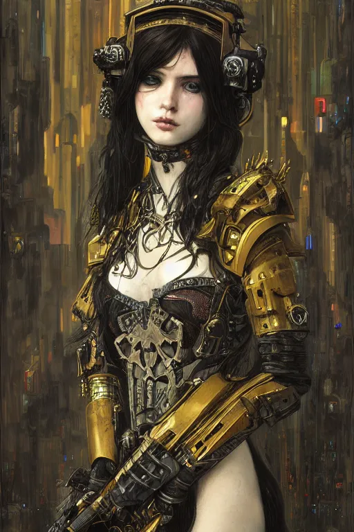 Image similar to portrait of beautiful young gothic maiden, cyberpunk, Warhammer, highly detailed, artstation, illustration, art by Gustav Klimt