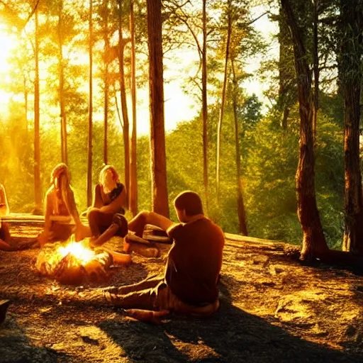 Image similar to sitting around the fire, forest, sea, highly detailed, cinematic, ray of golden sunlight