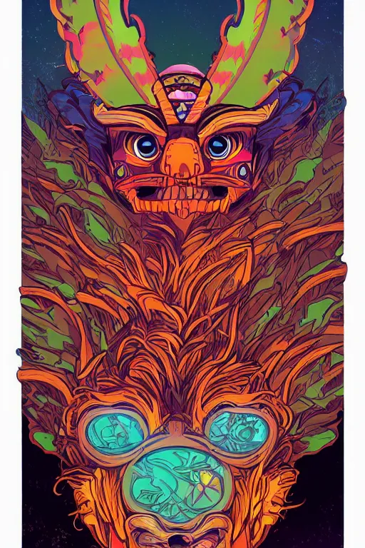 Image similar to animal mask totem roots tribal feather gemstone plant wood rock shaman vodoo video game vector illustration vivid multicolor borderlands comics by josan gonzales and dan mumford radiating a glowing aura