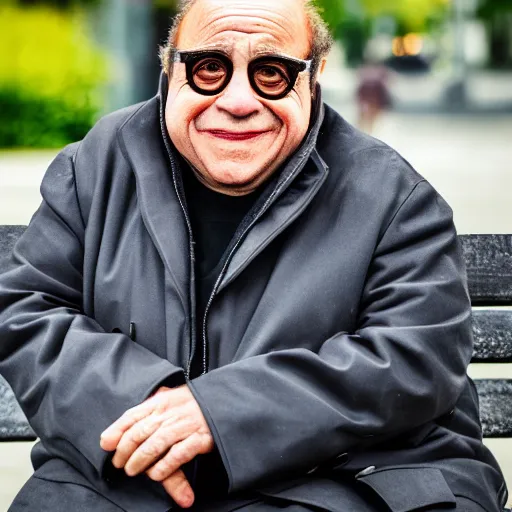 Image similar to danny devito on a bench raining, ( sony a 7 r iv, symmetric balance, polarizing filter, photolab, lightroom, 4 k, dolby vision, photography awardm, voque, perfect face )