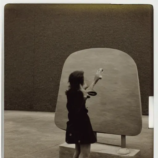 Prompt: polaroid of a skater girl inspecting a sculpture by leonora carrington