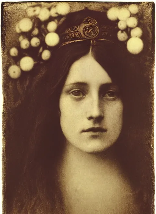 Image similar to portrait of young woman in renaissance dress and renaissance headdress, art by julia margaret cameron