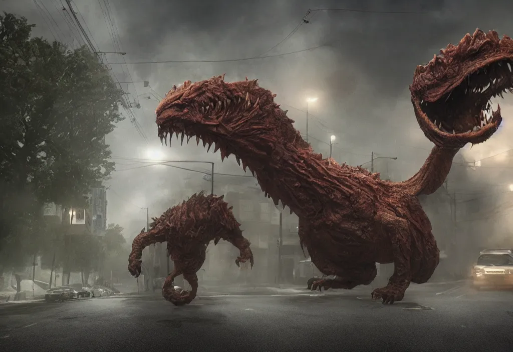 Prompt: vfx color film, huge monster creature by aaron sims, in residential street, low - key lighting award winning photography arri alexa cinematography, hyper real photorealistic cinematic beautiful, atmospheric