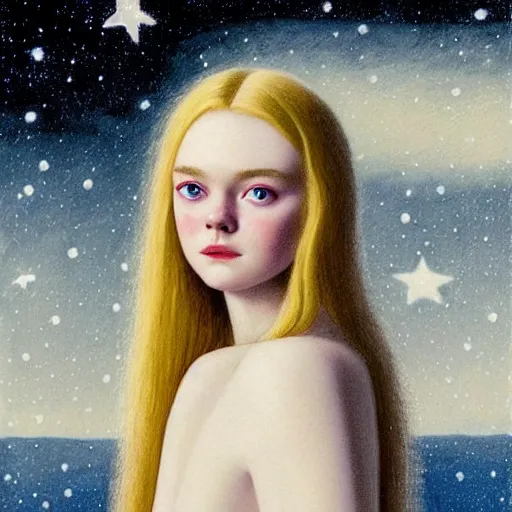 Image similar to Painting of Elle Fanning under a black sky filled with stars, long blonde hair, delicate, pale milky white porcelain skin, by Jean Giraud Moebius. 8K. Extremely detailed.