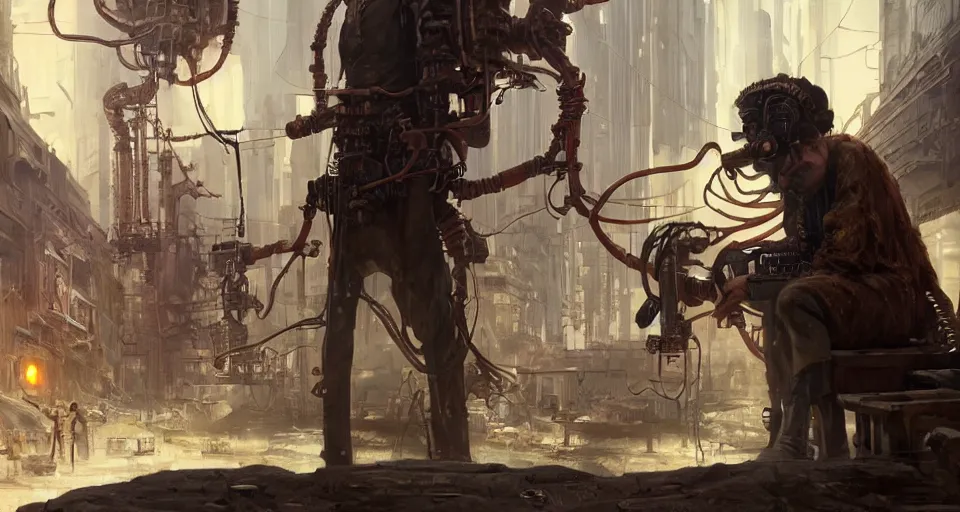 Image similar to a highly detailed epic cinematic concept art CG render digital painting artwork scene: retrofuturistic 1920s cyberpunk steampunk combustion engine forcibly sewn to a man's back. By Greg Rutkowski, Ilya Kuvshinov, WLOP, Stanley Artgerm Lau, Ruan Jia and Fenghua Zhong, trending on ArtStation, made in Maya, Blender and Photoshop, octane render, excellent composition, cinematic dystopian brutalist atmosphere, dynamic dramatic cinematic lighting, aesthetic, very inspirational, arthouse