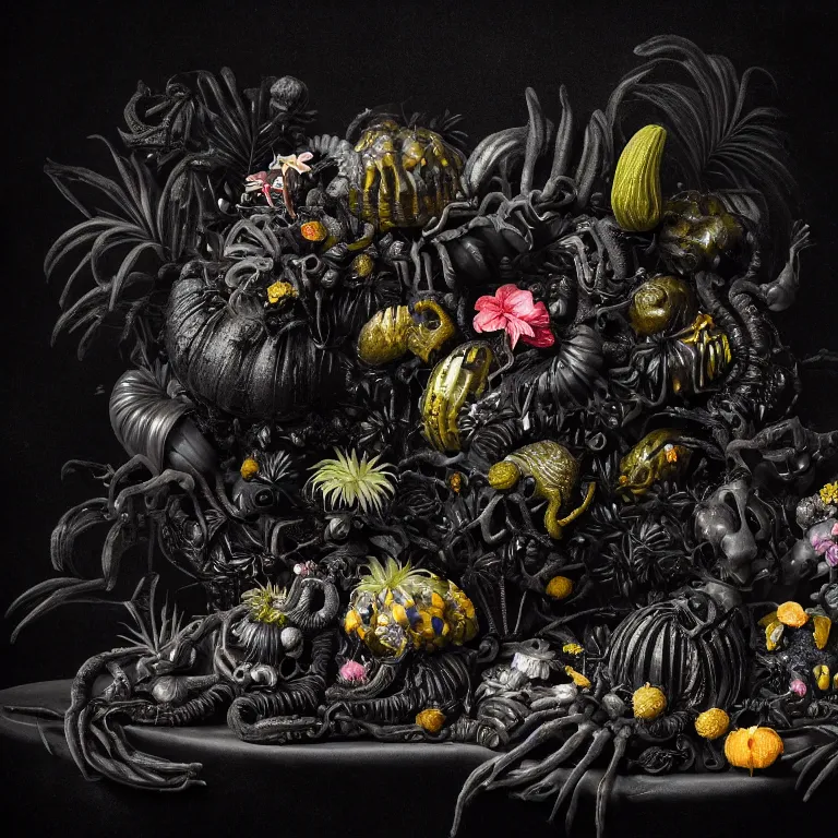 Prompt: still life of surreal alien black tropical flowers, rotten moldy black mold, surreal alien ribbed black tropical fruit, black human spine, black background baroque painting, beautiful detailed intricate insanely detailed octane render, 8K artistic photography, photorealistic, chiaroscuro, Raphael, Caravaggio