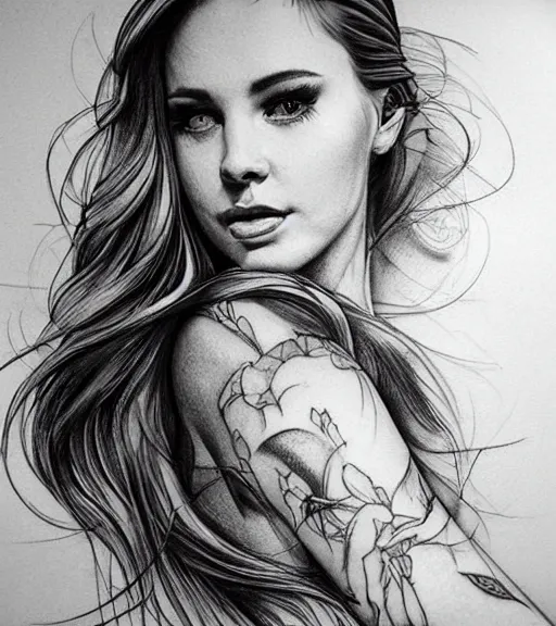 Prompt: tattoo design sketch of a beautiful woman face against a background of beautiful mountains and nature, hyper - realistic, in the style of den yakovlev, amazing detail, black and white