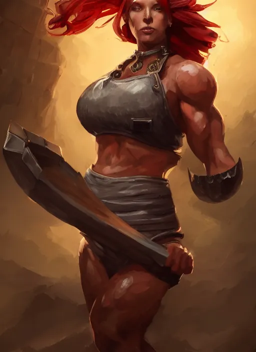 Image similar to a highly detailed illustration of fierce red haired blacksmith woman wearing blacksmith apron, muscular, dramatic pose, intricate, elegant, highly detailed, centered, digital painting, artstation, concept art, smooth, sharp focus, league of legends concept art, wlop.