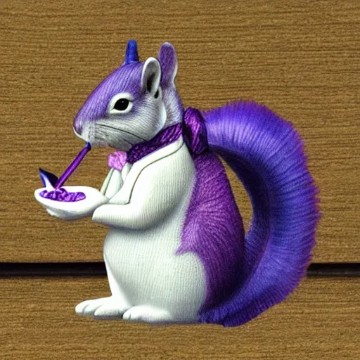 Prompt: photo-realistic purple squirrel wearing a bowtie and smoking a pipe