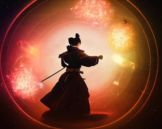 Image similar to a graceful samurai made of a illuminated star chart running through a space nebula by greg rutkowski, high key lighting, volumetric light, digital art, highly detailed, fine detail, intricate, ornate, complex, octane render, unreal engine, photorealistic