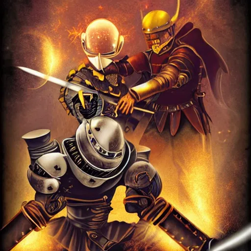 Image similar to steampunk warrior dueling a knight, space, fiery, galaxy, war